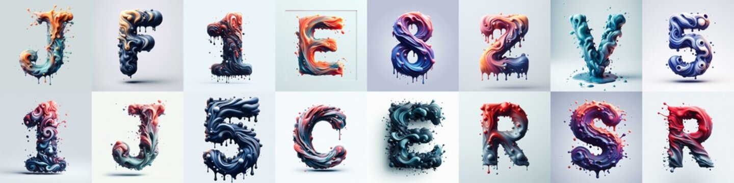 Liquid 3D Lettering Typeface. AI generated illustration