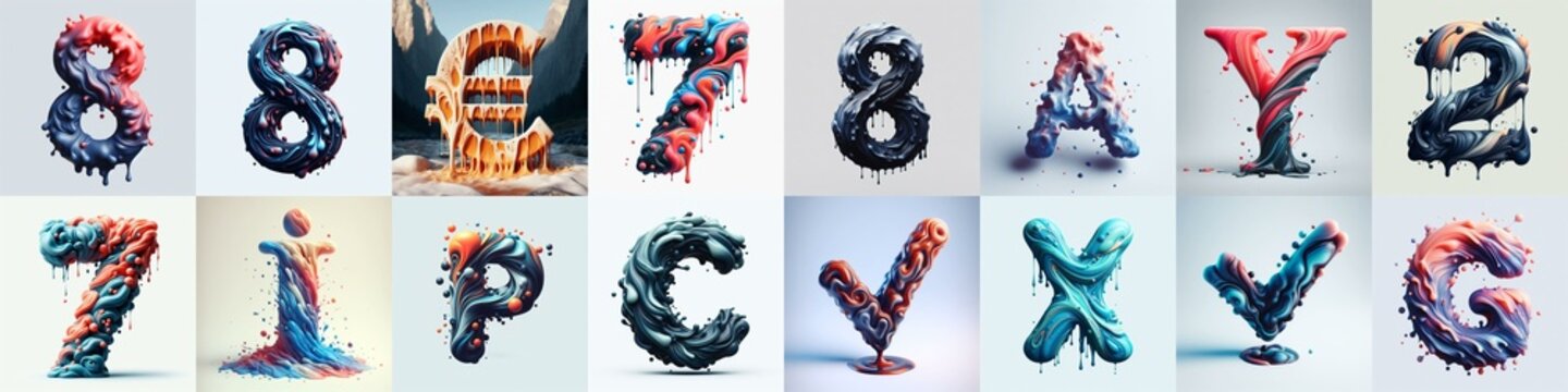 Liquid 3D Lettering Typeface. AI generated illustration