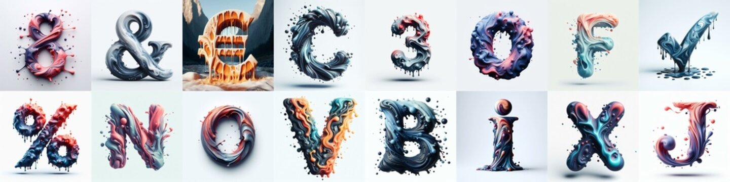 Liquid 3D Lettering Typeface. AI generated illustration