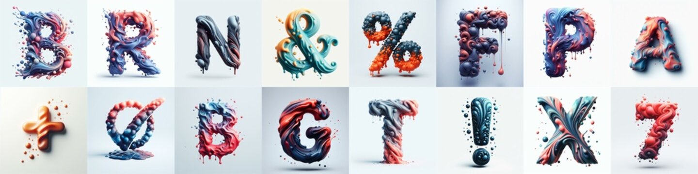 Liquid 3D Lettering Typeface. AI generated illustration