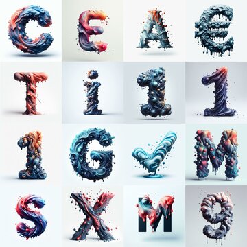 Liquid 3D Lettering Typeface. AI generated illustration