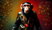 A Photorealistic Monkey Made Of Fiber And Textile, Surrounded By A Vibrant Art Deco Background
