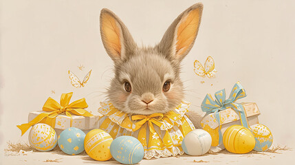 Wall Mural - Easter bunny in yellow dress and easter eggs.