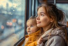Reflective Mother And Child Enjoying Rainy Day Train Ride
