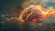 Concept art of a human brain exploding with knowledge, selective focus,