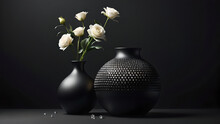 Smooth Gradient Textured Black Background With A Round Vase In Which Lie White Diamonds With Empty Space