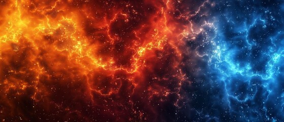  a close up of two different colors of fire and ice in a space filled with stars and a black background.