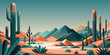 Tranquil, serene desert landscape at twilight with warm pastel colors, cacti, and peaceful mountains, depicted in stylized minimalist illustration. Festive poster, mexican background, Mexico backdrop