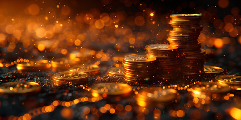 Wall Mural - A pile of gold coins on a black background