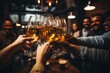 Close up of hands raising and clinking glasses in a joyful toast at celebration or party event