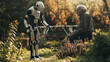 grandfather farmer and his robot assistant work in the garden on the field