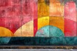 A vibrant graffiti wall with geometric shapes in bold red, yellow, and green against a grungy background.