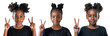 Portrait Collection of young black girl in black shirt with peace sign hand pose isolated on a white background as transparent PNG
