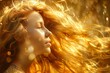 Eine göttliche, schöne Frau mit langen Haaren und geschlossenen Augen im goldenen Sonnenlicht