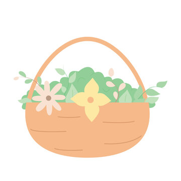 A basket with flowers and green leaves. Vector cartoon illustration in a flat style. Spring bouquet colorful vector illustration isolated on white background.