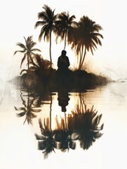  Silhouette of person under palm trees reflection - A tranquil scene with a person's silhouette under tropical palm trees, mirrored on water's surface, exuding calm