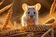 Adorable gray mouse gnawing on ripe golden wheat
