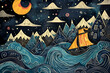 Folk art illustration with sailboat sailing on the waves