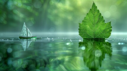 Poster - The white transparent leaf on the mirror surface with the reflection of the green background. Artistic abstraction of a ship in a lake. Template Border for a natural dreamy artwork for a travel