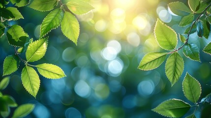 Poster - This is a summer background of blue and green, blurred foliage and sky with bright bokeh. It is an abstract summer background of blue and green leaves. Natural green leaves used as background and a