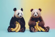 Two pandas sitting and enjoying bananas, split by a pastel gradient background, symbolizing friendship. Bears eating summer fruits.