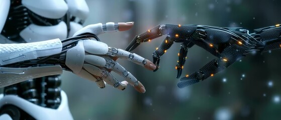 Aufkleber - The hands of a robot and a human connect with DNA in a virtual interface on the concept of science and innovation, artificial intelligence, and technology.