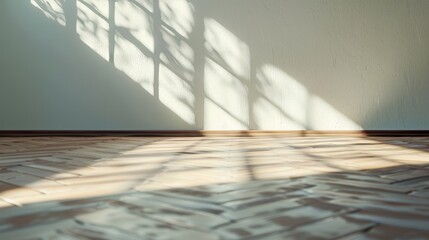 Wall Mural - An empty room with a wood laminate floor and shadows cast on the wall from the sun. Perspective of minimal interior design. 3D rendering.