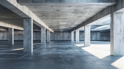 Leinwandbilder - An empty cement floor with a concrete architecture and a car park in 3D.