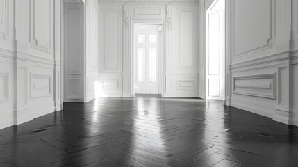Poster - White empty room with dark laminate floor, classic interior style. Architecture of a blank space.