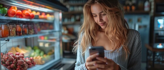 Fototapete - IoT Concept: Young Woman Using Smartphone in Kitchen. She controls her Kitchen Appliances wirelessly with IoT. Graphics Showing Digitalization Visualization of Home Electronic Devices.