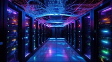 Data Center In The Network Server Room And Server Rack With Colorful Led Light. Cloud Computing And Data Storage Concept.