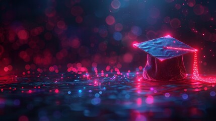 Leinwandbilder - An online seminar with a diploma in a futuristic digital style. A graduation cap silhouette with a play button. Modern illustration on a dark background with neon lights.
