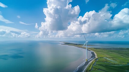 Sticker - Flevoland Netherlands Ijsselmeer, offshore windmill park in the ocean aerial view with wind turbines.