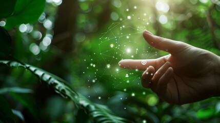 Poster - In this concept, the finger is used to touch the environment icons over the network on a nature background.
