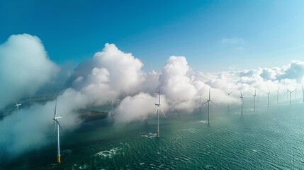 Aufkleber - In the middle of the ocean, offshore windmill park, an aerial view from the sea with wind turbines in Flevoland, Netherlands.