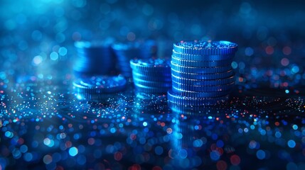 Leinwandbilder - A pile of abstract blue coins. Saving money concept. Low poly style design. Blue geometric background. Wireframe light connection structure. Modern 3D graphic. Isolated modern illustration.