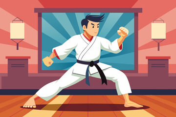 Karate master starts lesson vector art illustration