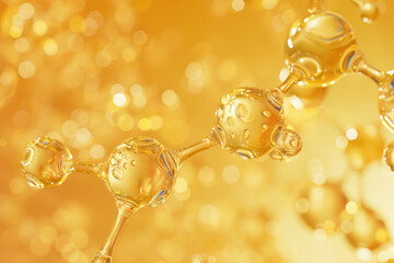 abstract golden serum molecules structure concept on glowing yellow background