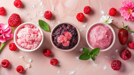 pink natural body scrubs with berry decorations and flowers