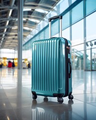 Travel luggage blue suitcase at the airport.