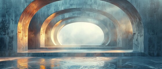 Wall Mural - Three-dimensional rendering of an abstract futuristic architecture with an empty concrete floor...