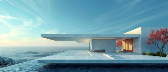 Leinwandbilder - In this 3D render, we see a white modern house with concrete entrance on a sea view background.