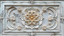 Decorative Mandala Ornament On White Marble Surface, Suitable For Detailed Ceiling And Wall Art Wallpaper