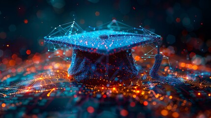 Poster - Online education concept on world map background. Digital futuristic hat design. Modern illustration.