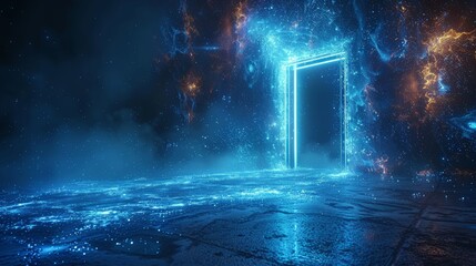 Aufkleber - Technology portal on a polygonal wireframe glowing background in the style of an open door modern illustration. Futuristic science fiction concept of a doorway.
