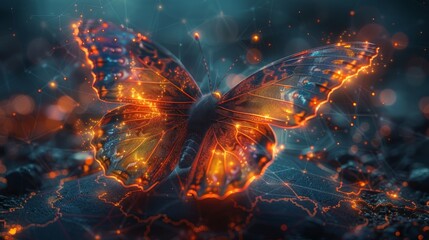 Aufkleber - The transformation of a butterfly into a futuristic polygonal form on a world map. Concept of a world crisis. Modern illustration.