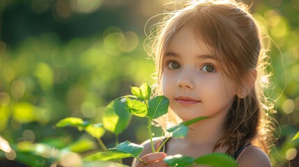 Sticker - An image of a little girl holding a young green plant in the sunlight, with a background toned to an Instagram filter. Ecology concept.