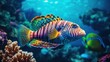 Beautiful fish with colorful coral reef in tropical ocean underwater view.