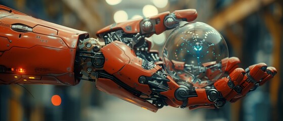 Aufkleber - This robot is controlling an electronic brain with the help of artificial intelligence. The cyborg face is being opened for the installation of a machine that can process cybernetic artificial