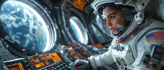 Wall Mural - Women astronauts in spacesuits hover in weightlessness inside a spacecraft against a backdrop of a porthole. Cosmonauts work on the control panel of the space station, as a hologram of Earth appears